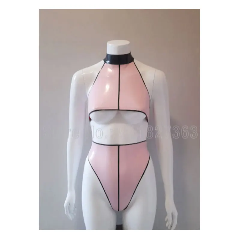 

Handmade sexy 100% Latex Pin-striped Two Piece Set High-waist Thong and Under-boob Latex Halter Top Paryty Sexy Wear