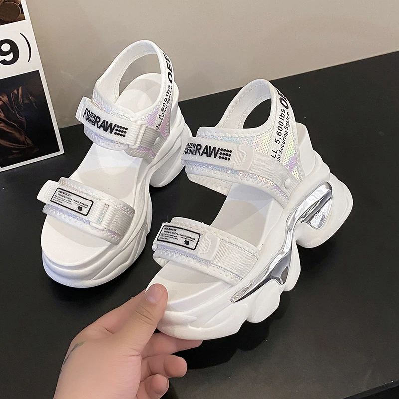 New 2023 Summer Women High Platform Sandals 10CM Wedge Heels Bling Slippers Peep Toe High Heels White Leather Chunky Flip-Flops