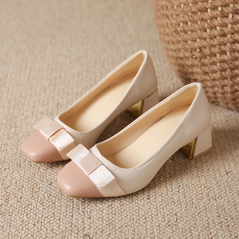 Spring New Coarse Heel Shoes Women's Fashion Square Head Shallow Mouth Splicing Butterfly Knot Non-slip Low Top Shoes