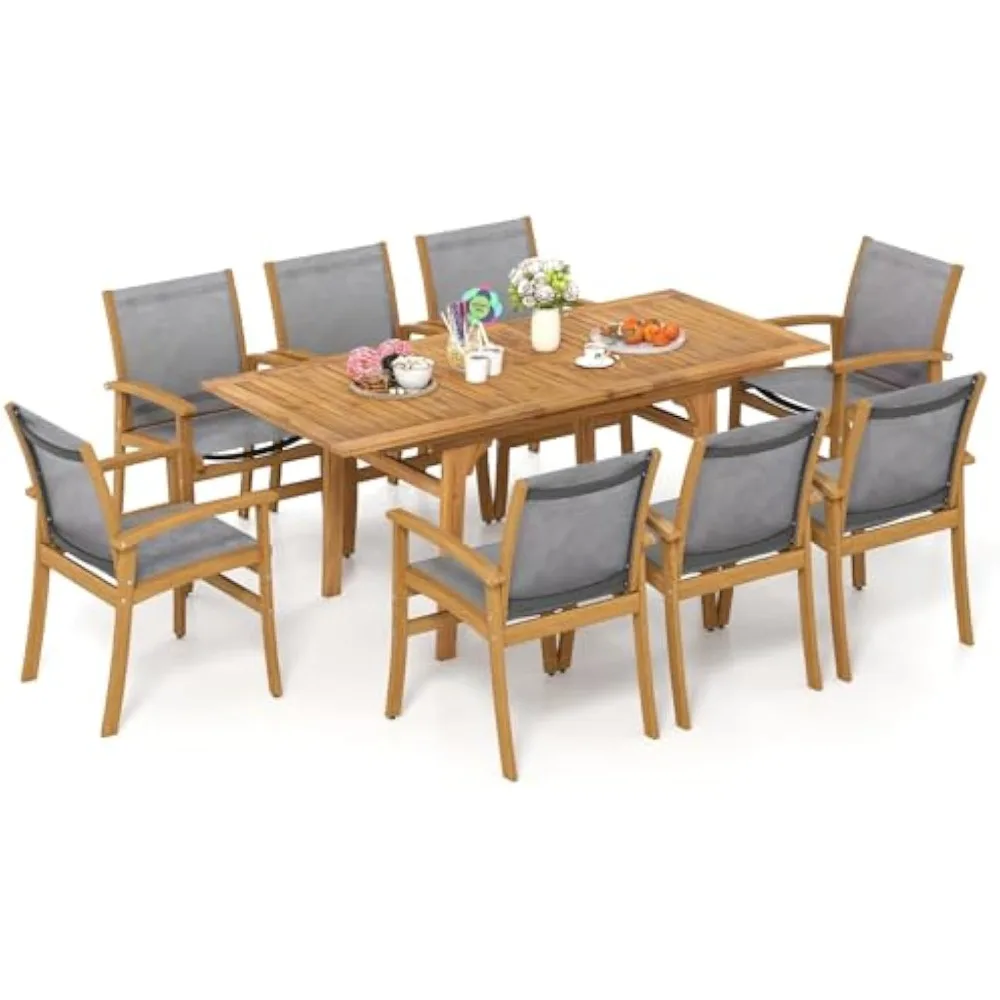

9 Pieces Acacia Wood Patio Dining Set for 6-8, Outdoor Expandable Table and Chairs Set with 1.97" Umbrella Hole and Breathable