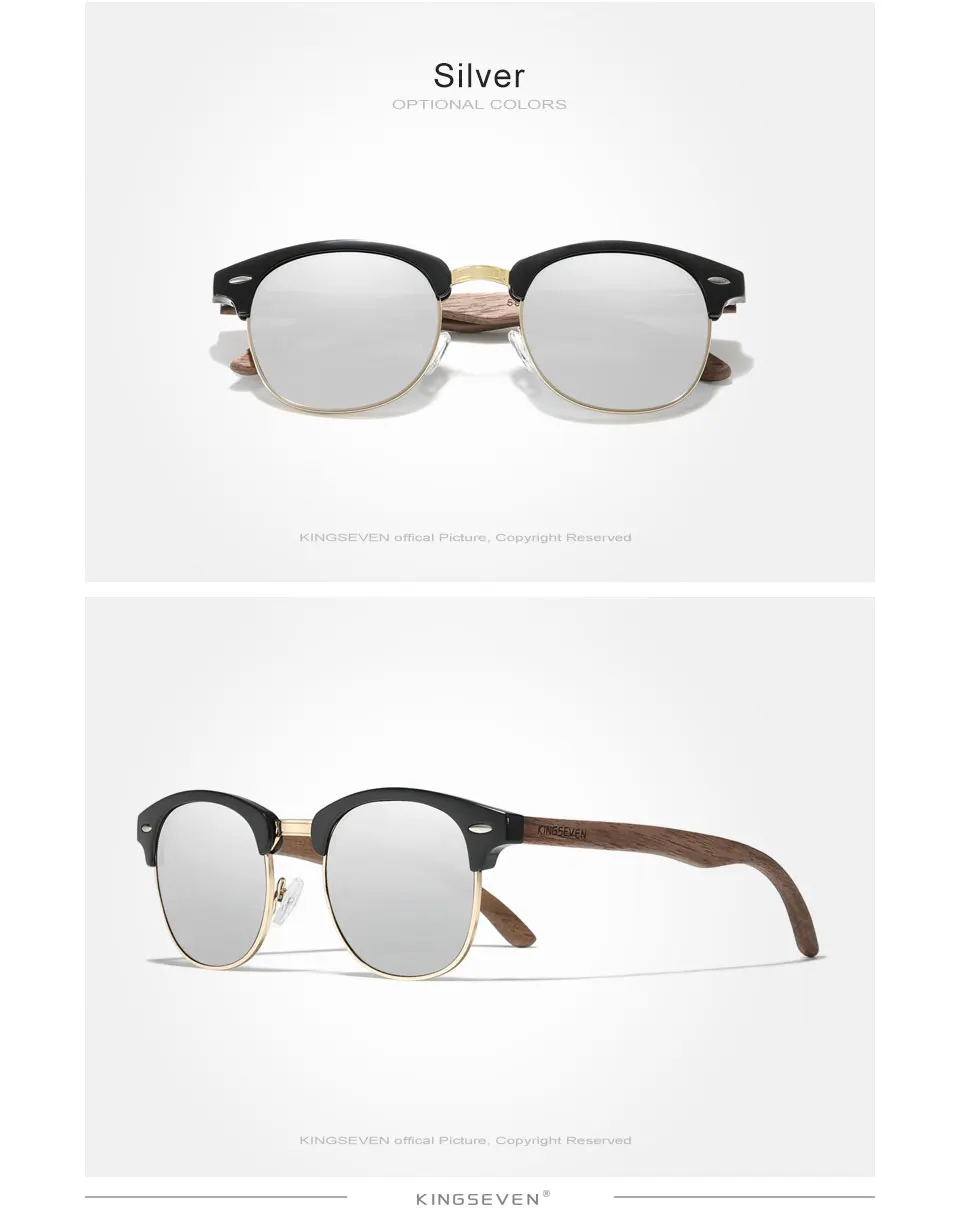 KINGSEVEN Qualität Upgrade Handgemachte Walnuss Holz Sonnenbrille Männer Polarisierte Halbrand UV400 Schutz Retro Brillen Frauen – Detail 8