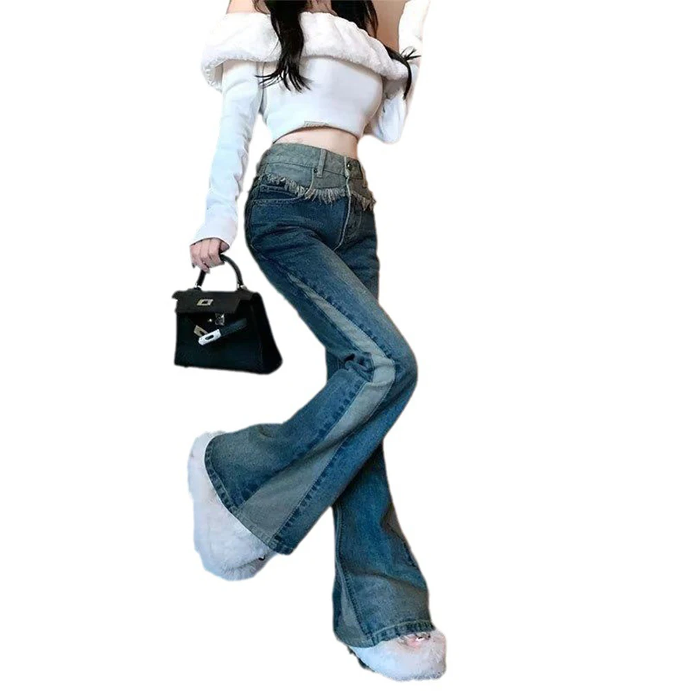 Female Clothing Flare Jeans Woman Korean Fashion Women's Pants Streetwear Straight Leg Jeans Y2k High Waist Denim Vintage Blue