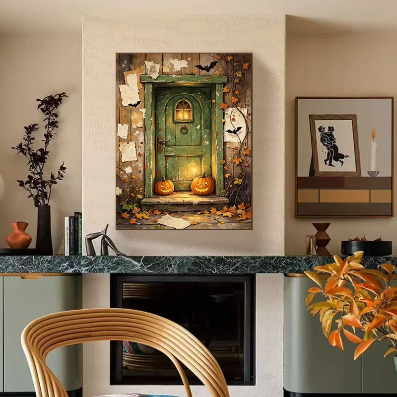 Vintage Rustic Green Wooden Door Canvas Wall Art, Fall Autumn Halloween Jack O Lantern Maple Leaf Bat Print Poster, Farmhouse Sp