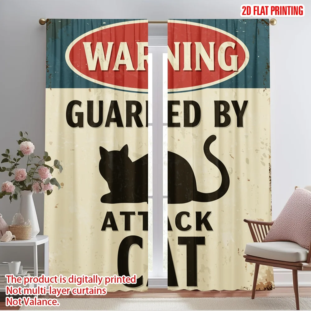 

2pcs 2D flat printing Window Treatment Curtains Warning Property Guarded Attack Cat Fabric Without Electricity Family Party