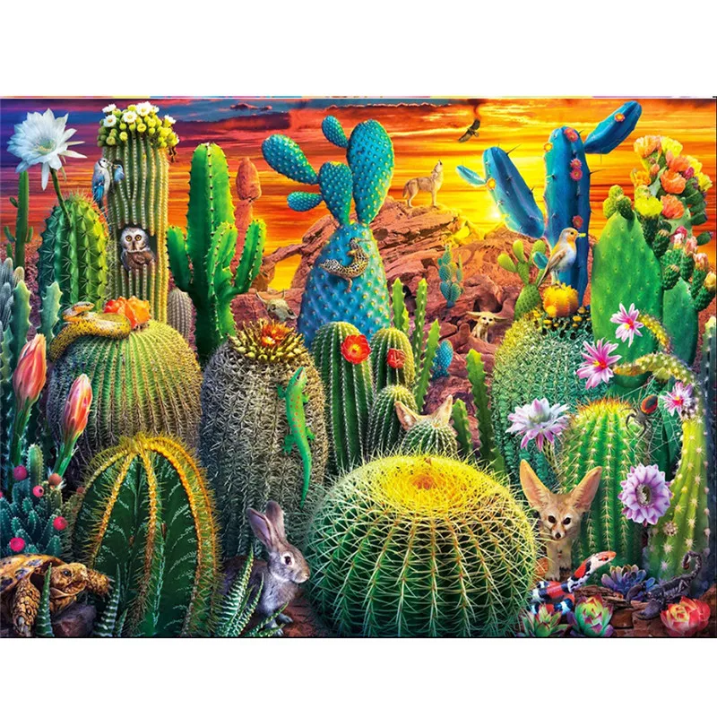 Yumeart DIY Diamond Mosaic Cactus Sunset Embroidery Landscape Full Square Drill Painting Flowers Cross Stitch Wall Art Crafts