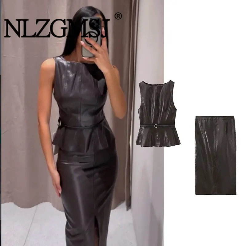 NLZGMSJ Vintage Faux Leather Casual Women Solid Suit O-Neck Zipper Belt Vest Zipper Long Straight Skirt Fashion 2026 Spring Sets