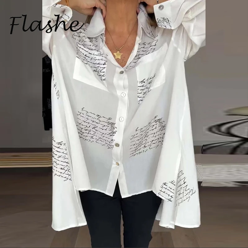 

Women Fashion Button Shirt Blouses 2024 Turn Down Collar Long Sleeve Letter Print Shirts For Women Casual Loose Office Shirts