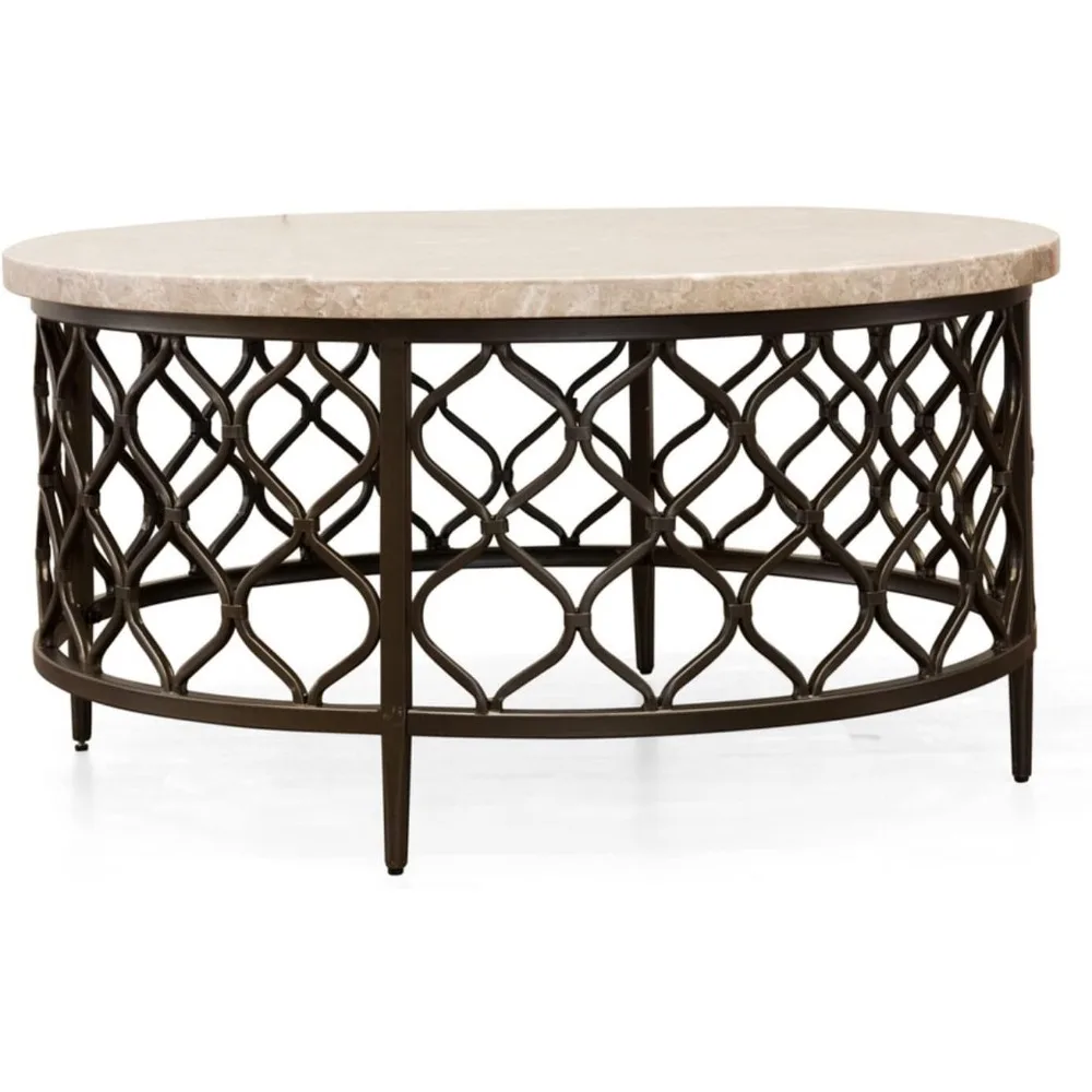 Roland White MarbleTop Cocktail Table Round Stone Bronze Metal Base Frame Coffee Modern Living Room