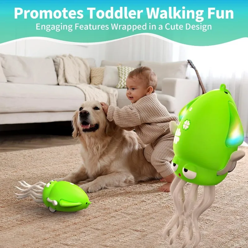 BEDW-Interactive Dancing Octopus LED Light-Up Music Crawling Squid With Smart Obstacle Avoidance, Tummy Time Baby