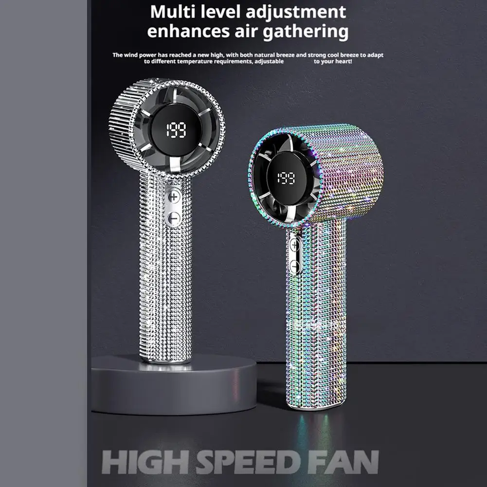 Strong Wind Outdoor Portable Handheld Fan Covered With Diamonds Type-C Rechargeable Outdoor Ice Cooling Fan Handheld fan