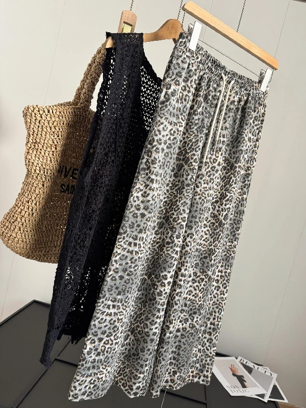 

plus Size Women's Wide Leg Pants 300 Pounds Leopard Print Straight Cord Drawstring Summer Loose Fit Comfortable Breathable