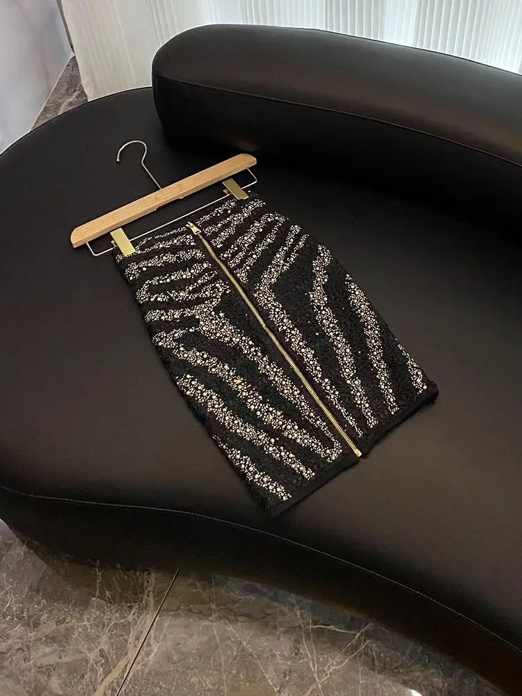 Jesień Zima Nowa Damska Spódnica z Dzianiny z Cyrkoniami D82 Do Pracy Prosta Elegancka Dopasowana