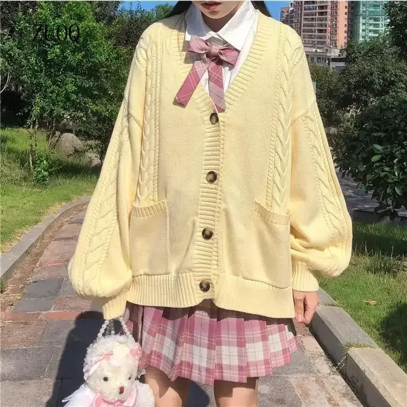 

New Autumn and Winter Sweaters Women Loose Japanese Style Sweet Knitted Cardigans White/Yellow Oversize Cute Knitwear Female