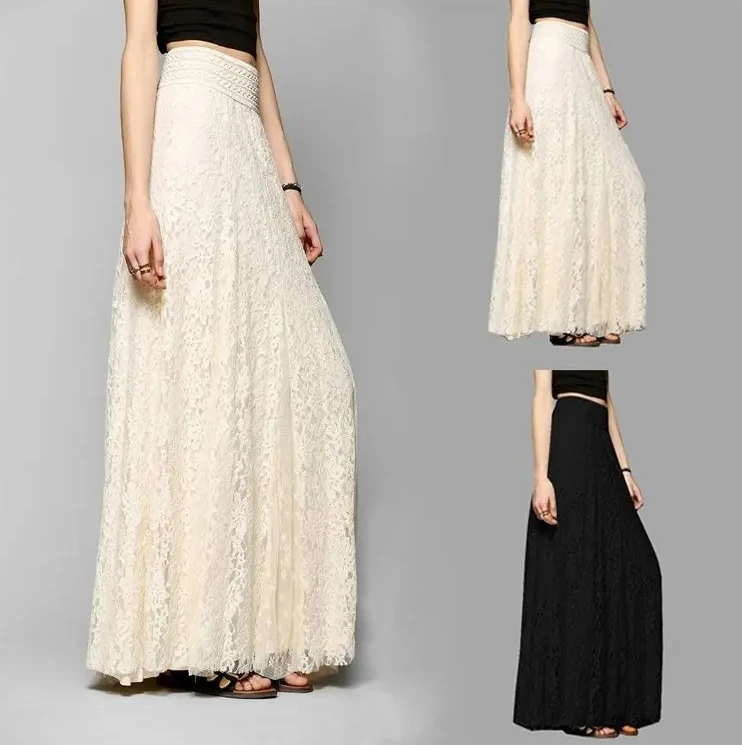 

Hook-up Slim-fitting and Thin High-waisted Hollow-out Lace Skirt Long Versatile Elastic Waist Pleated Floor-mopping Skirt