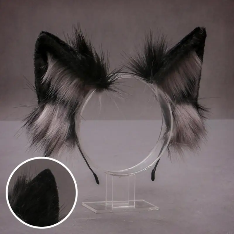 R1WE Handmade for Cat Wolf Fur Ears Hairhoop Headwear Anime Fancy Dress Party Cosplay Halloween Costume Headband Plush Hairba