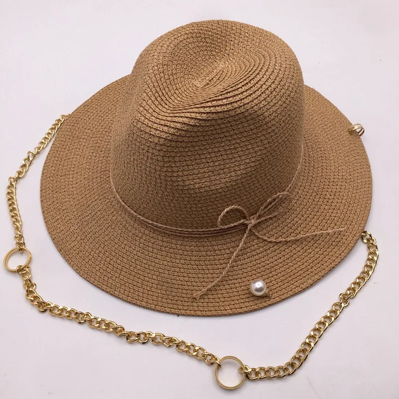 Bucket Hat for Women Straw Solid Hand-made Knitted Summer Hat Wide Brim Chain Rope Jazz Hats Designer Pearl Sun Hats