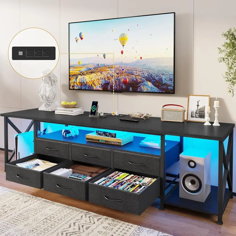 

LED-Lit TV Stand with Power Outlets, Accommodates 85 TVs, 6-Door Entertainment Center, Open Shelves, Ideal for Living or Bedroom