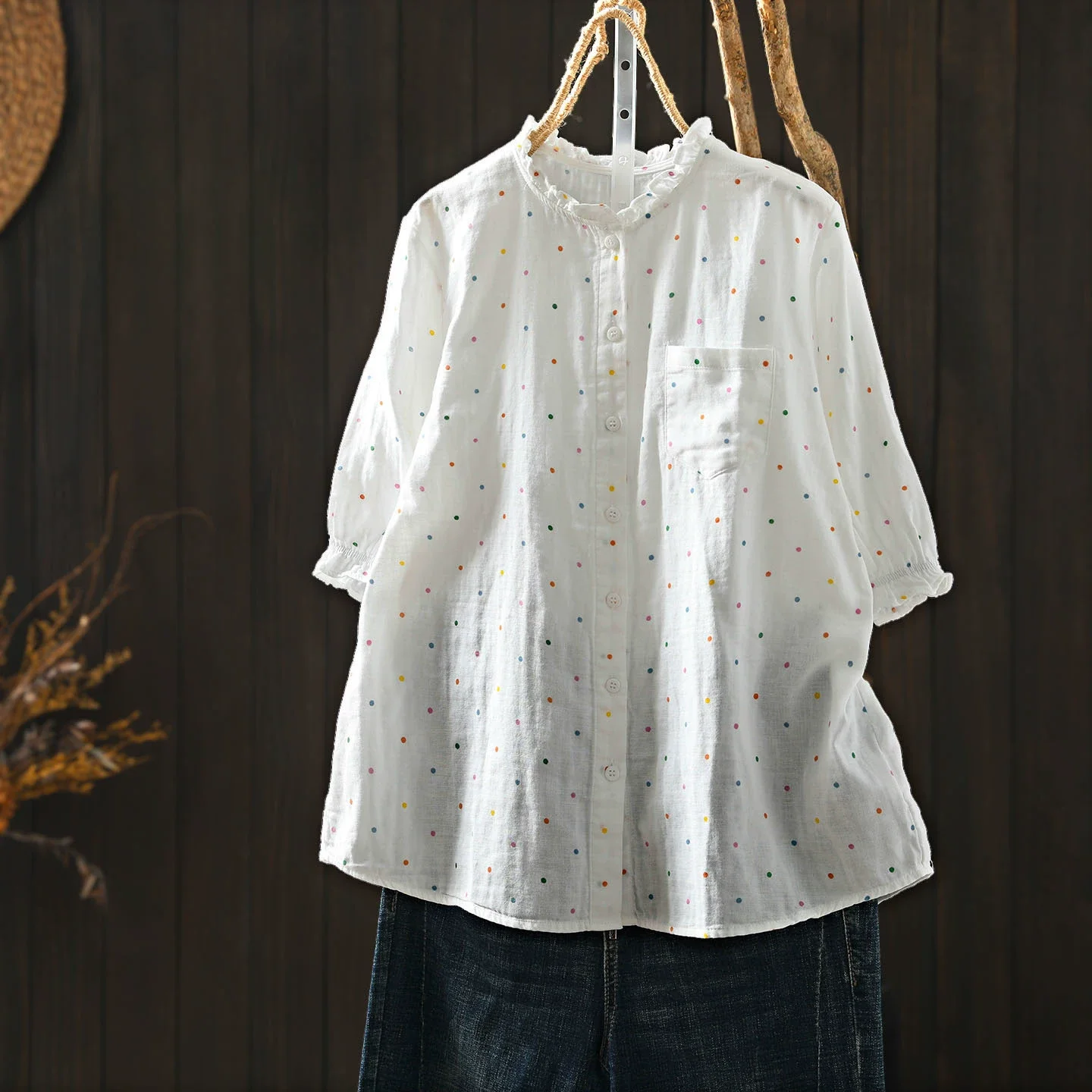 

Women's Cotton Yarn Blouse Japanese Style Colorful Polka Dot Shirt Ruffle Neck 3/4 Sleeve Casual Loose Fit Summer Top
