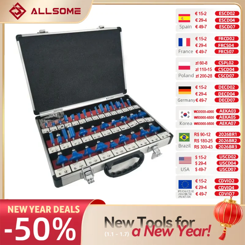 

ALLSOME 35pcs 1/4inch Shank Router Bit Set Tungsten Carbide Tip Router Wood Cutter Tool Set Milling Cutters for Woodworking