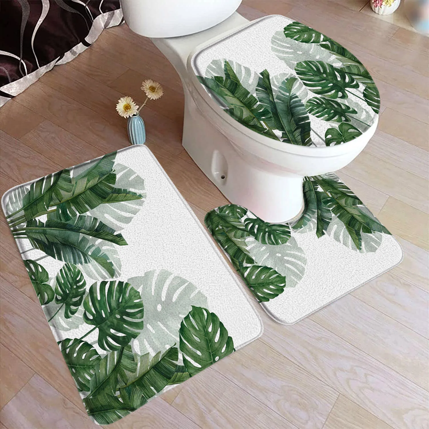 Tropical Leaves Bath Mat Set Palm Leaf Monstera Green Plants Home Carpet Flannel Bathroom Decorative Floor Rugs Toilet Lid Cover