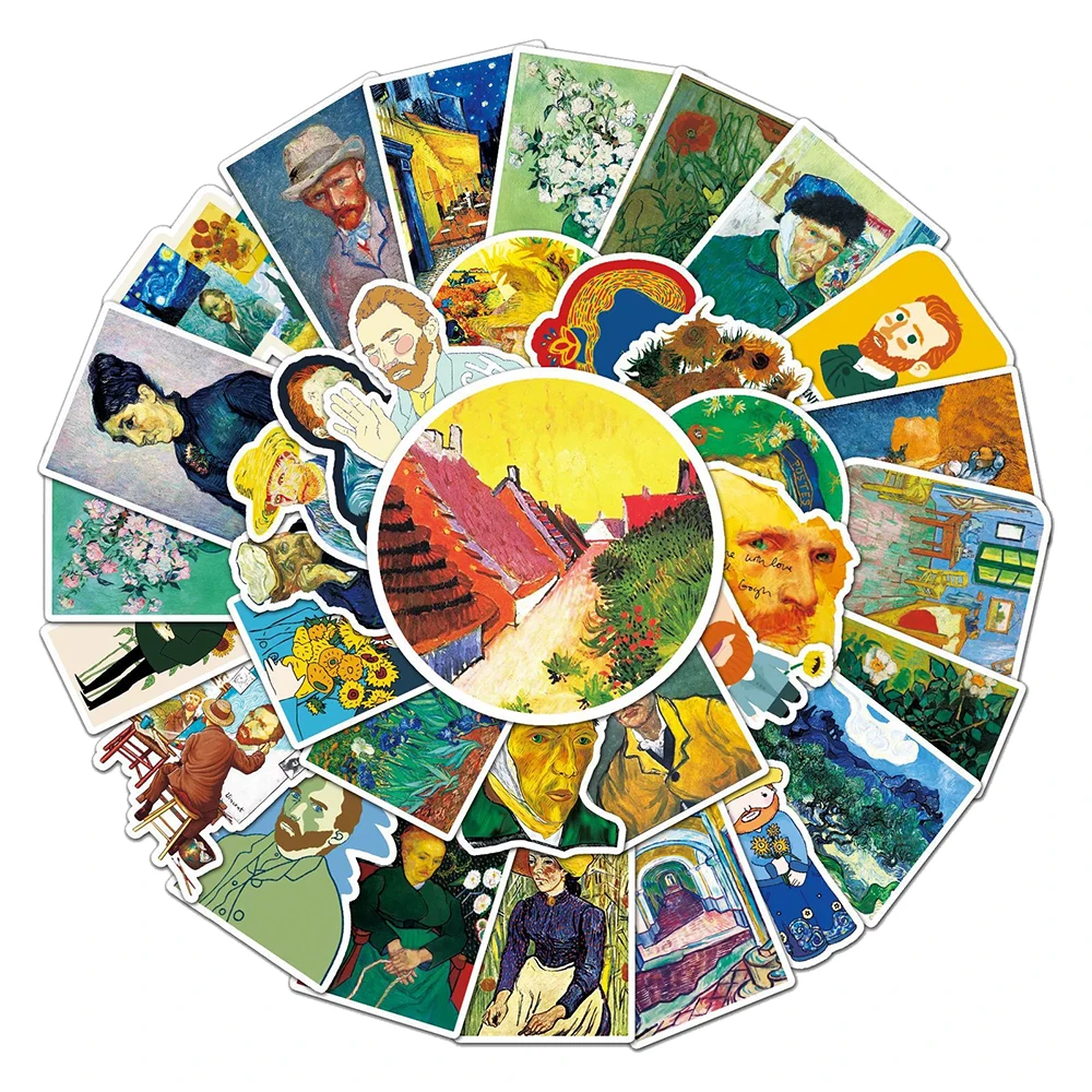 

10/30/50pcs Vintage Van Gogh Oil Paintings Stickers Artwork Sunflowers Self-Portrait Decal DIY Suitcase Helmet Phone Sticker Toy