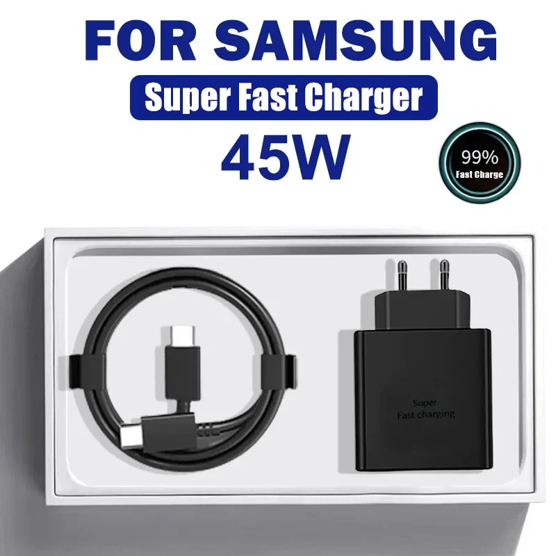 Carregador Super Rápido 45W PD para Samsung Galaxy S24 Ultra S23 S22 S21 Plus Note10 A54 A34 Cabo de Dados Tipo C com Carregamento Rápido 5A