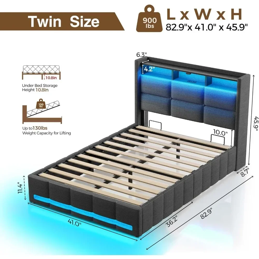 Rama łóżka Twin/Full/Queen z podnoszonym schowkiem, stacją ładującą i oświetleniem LED, tapicerowanym zagłówkiem do przechowywania, wytrzymałe drewniane listwy