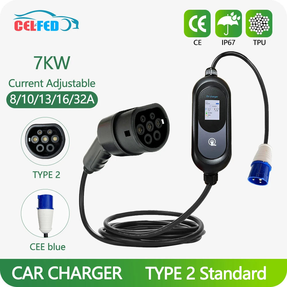 Reasonable Price Type 2 IEC 621962 EV Charger 32A Adjustable 5 Gears Large LED Display EV Chargers for New Energy Vehicle