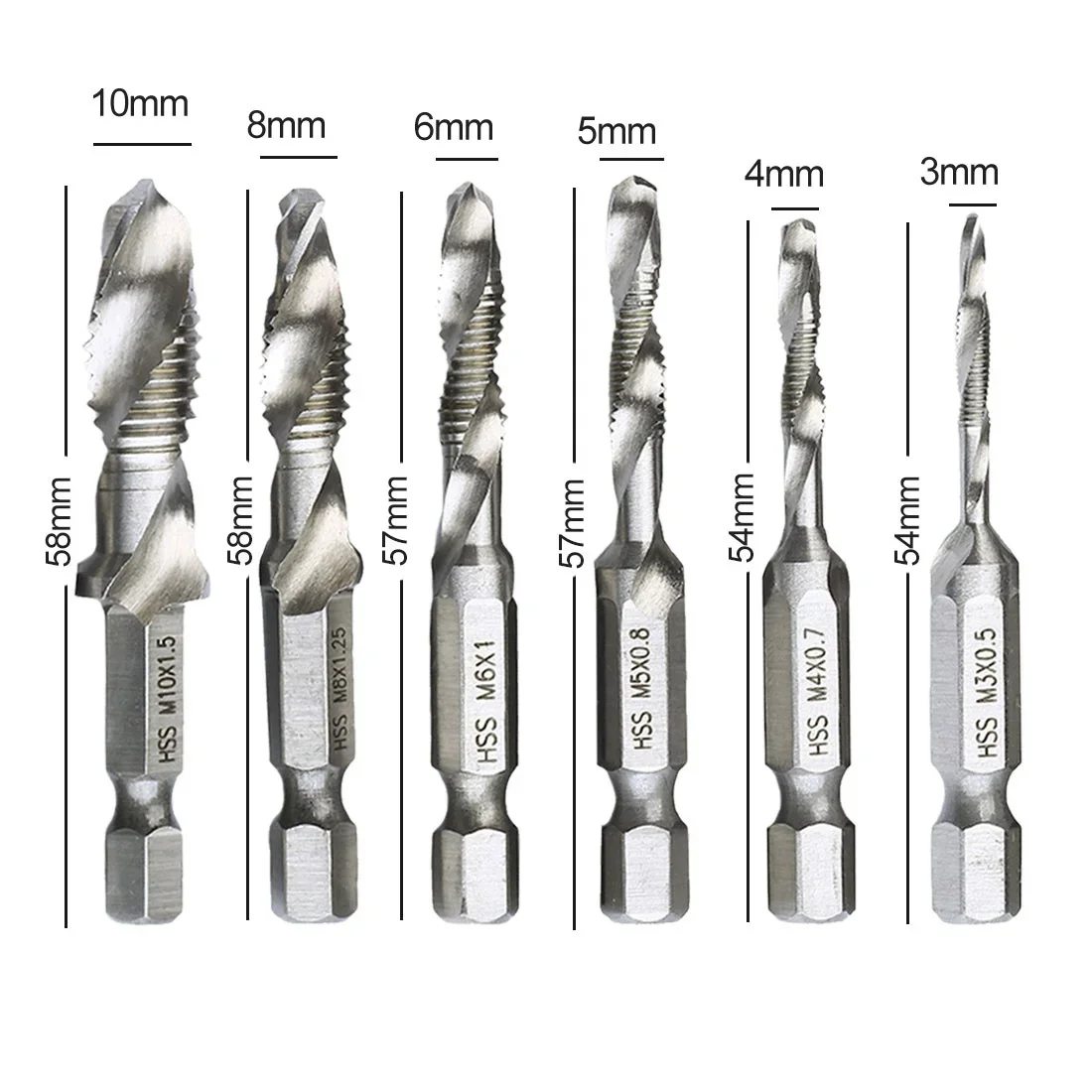 HSS Thread Spiral Screw Metric Composite Tap Drill Bit 6pcs 1/4 Hex Shank  M3 M4 M5 M6 M8 M10 Woodworking Tool