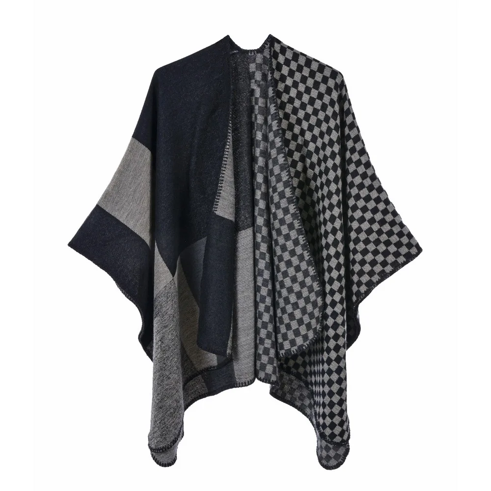 

Shawl Autumn Winter New Warm Scarf Shawl European American Fashion Split Cashmere Cloak Multi-purpose Shawl Ponchos Black