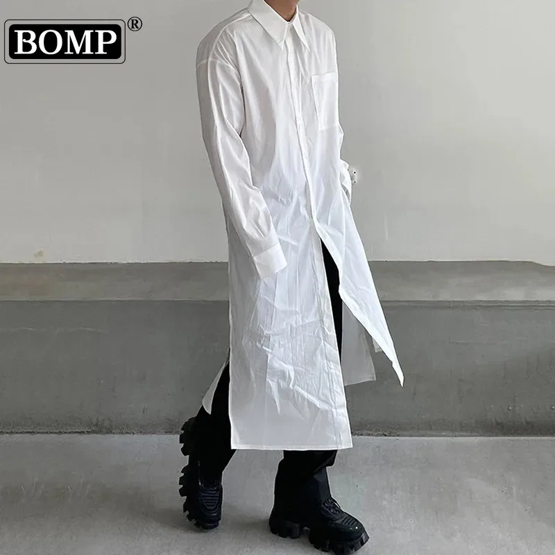 

BOMP Men's Knee High White Shirt Loose Niche Design Super Long Korean Style Solid Color Trendy Fashion Cardigan New