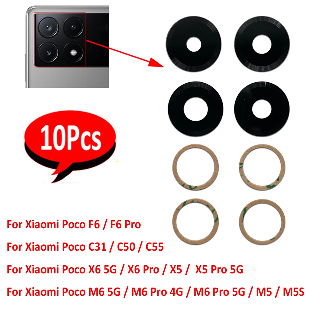 10Pcs，Rear Back Camera Glass Lens Cover For Xiaomi Poco X6 M6 5G C31 C50 C55 X6 M6 X5 F6 Pro 5G M5 M5S With Adhesive Sticker