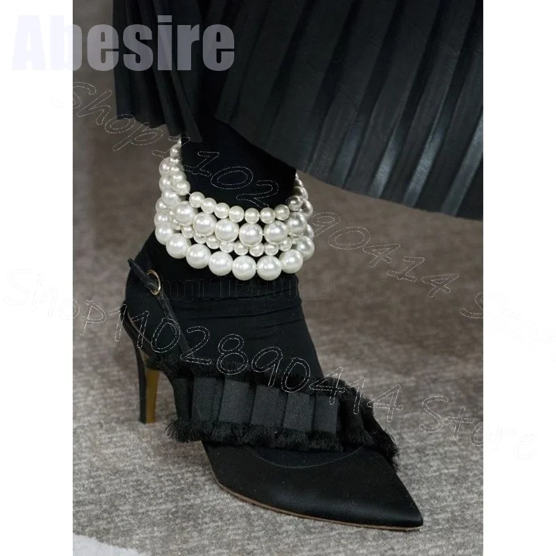 

Black Pleated Ruffles Pointed Toe Pumps Buckle Strap Women Shoes Thin High Heels Party Banquet Dating 2025 Zapatos Para Mujere