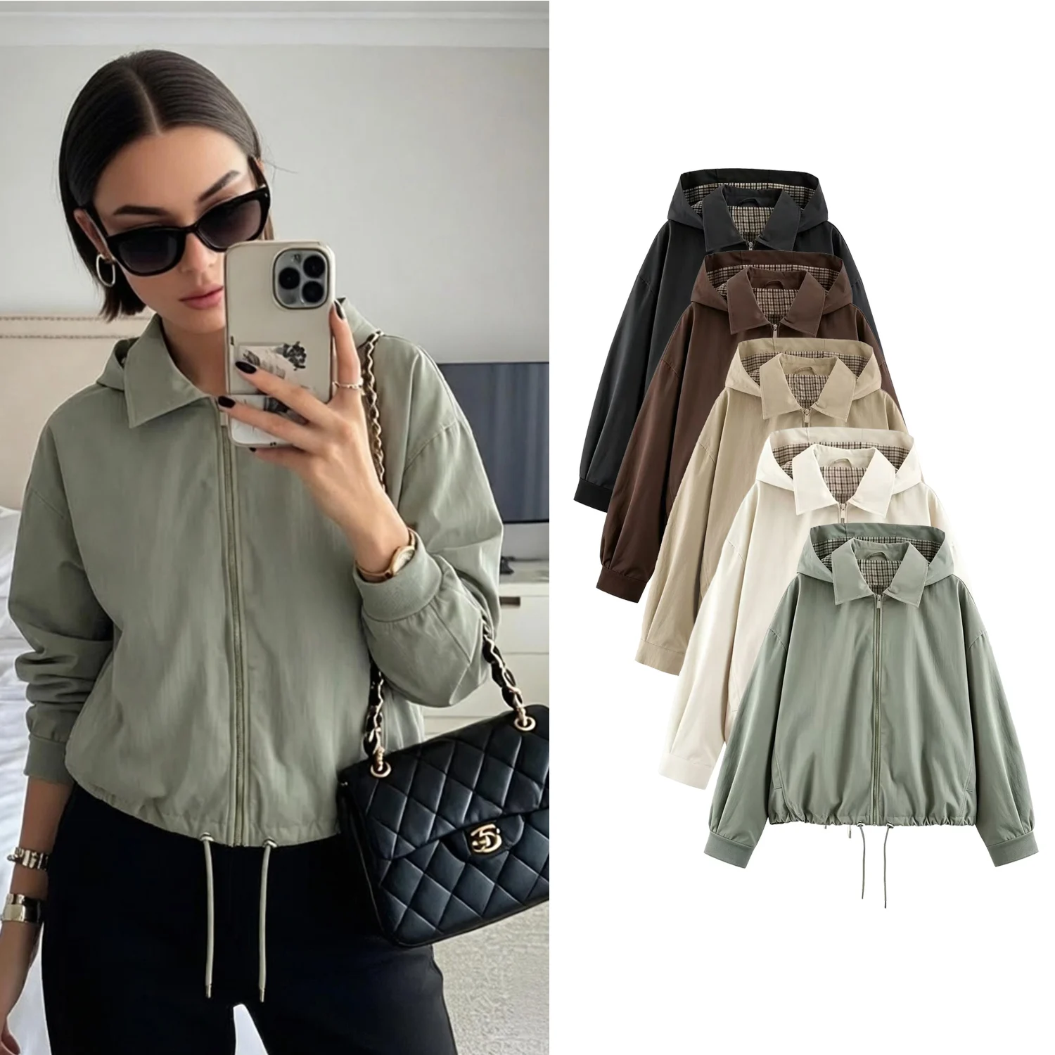 Women Vintage Drawstring Hem Hooded Lapel Jacket Coat Spring Autumn Female Lining Loose Zip Coat Lady Street Casual Outerwear