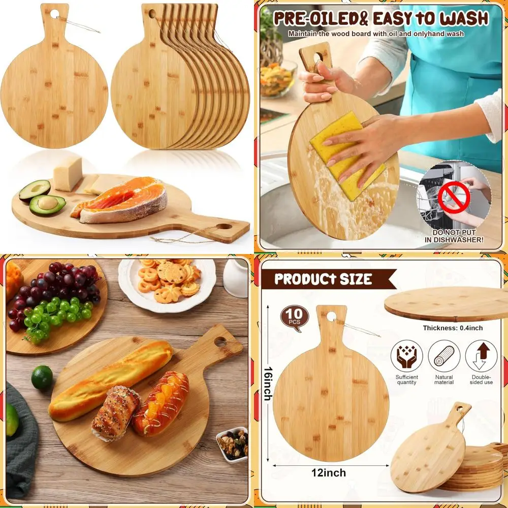 

12-дюймовые круглые бамбуковые разделочные доски — 10 упаковок деревянных кухонных разделочных досок с ручками для пиццы и многого другого