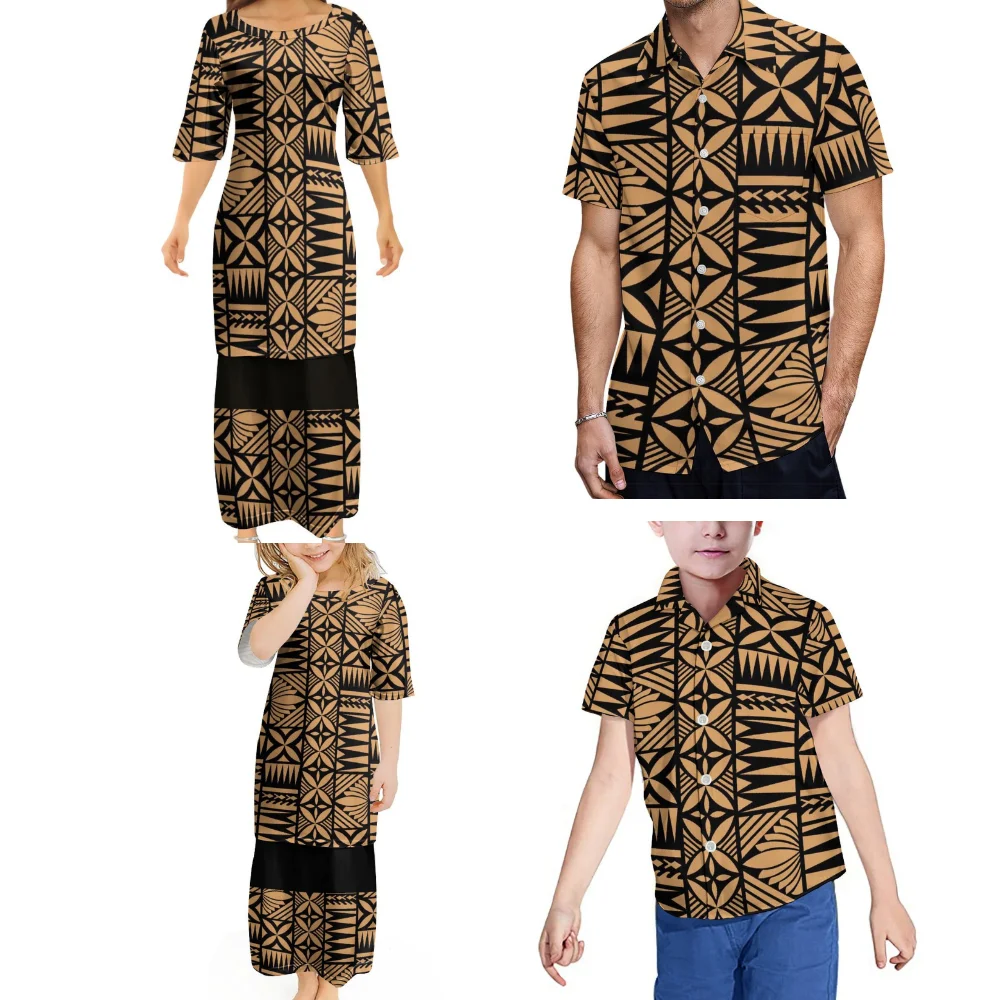 Samoan Familie Feest Set Polynesische Custom Puletasi Jurk Shirt Vader Moeder Zoon Dochter Custom Pacific Eiland Kleding