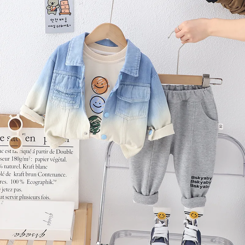 2024 New Spring Baby Luxury Designer Infant Clothes for Kids Boy Korea Style Gradient Denim Coats T-shirts Pants Boys Outfit Set