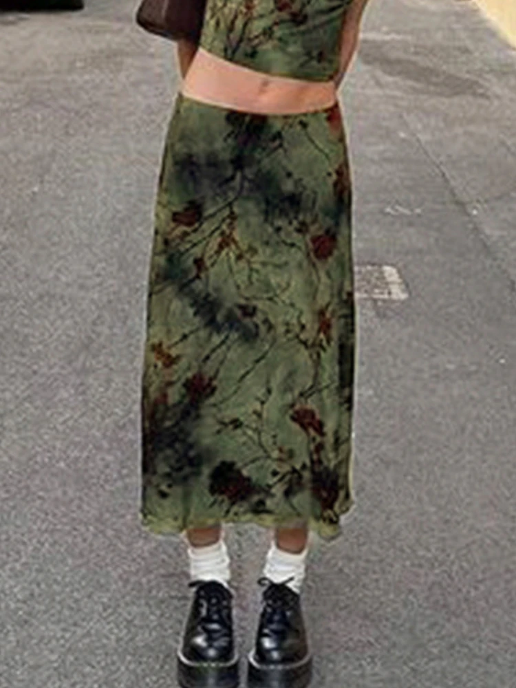 2022 Fashion Women A Line Long Skirts Floral Print Cute Y2K Clothes Aesthetic Grunge Low Waist Vintage Preppy Skirt