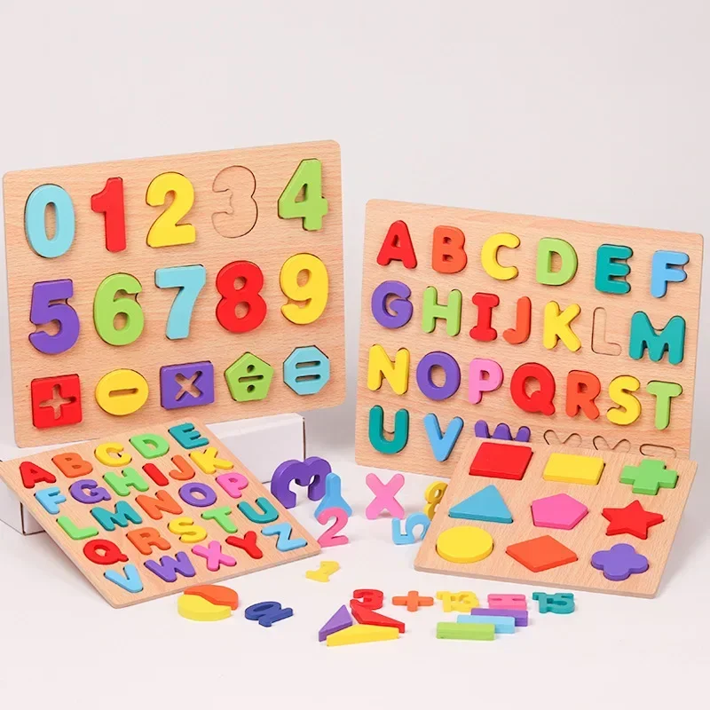 Montessori Children's 3D Wooden Puzzle Alphabet Number Shapes Puzzle Preschool Early Education Toys Matching Board Game Gifts