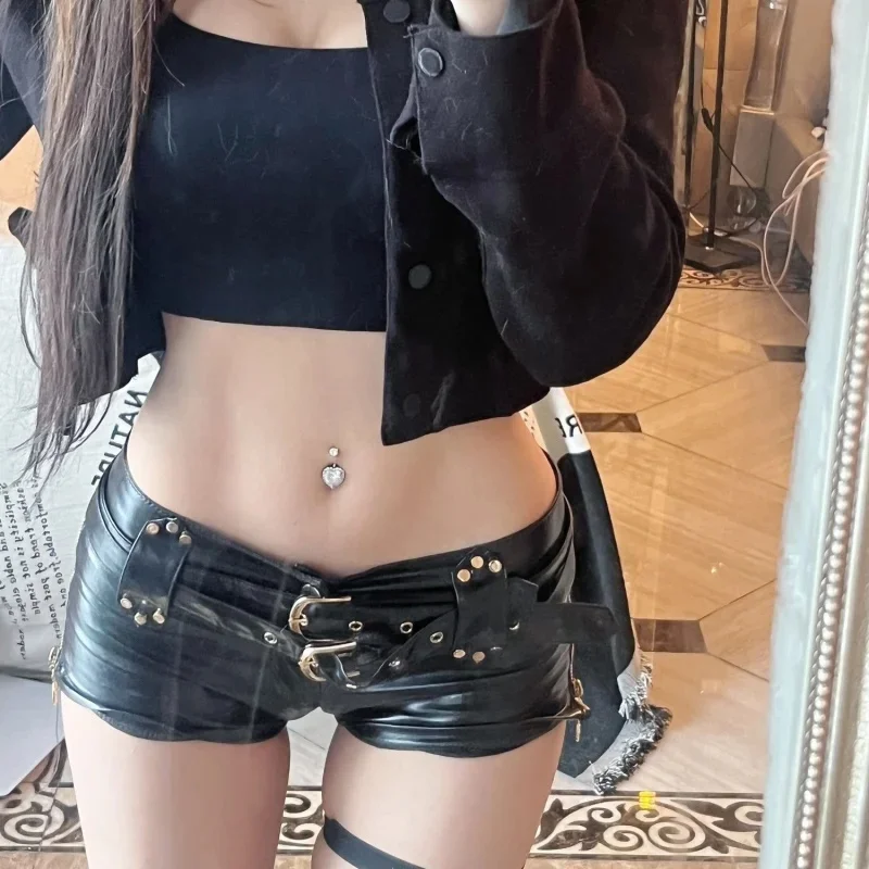 Vintage Double Belt Y2K Leather Shorts Women Gothic Black Sexy Low Waist Zipper Spice Girl Super Shorts Nightclub Boots Pants