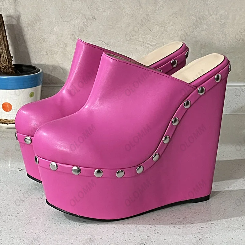 Olomm New Fashion Women Platform Pumps Sexy Studded Wedges High Heels Round Toe Pretty Yellow Shoes Ladies Plus US Size 5-15