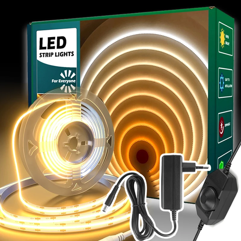 

24V COB LED Strip Lights Dimmable Flexible Tape Light White Warm White with Power Adapter