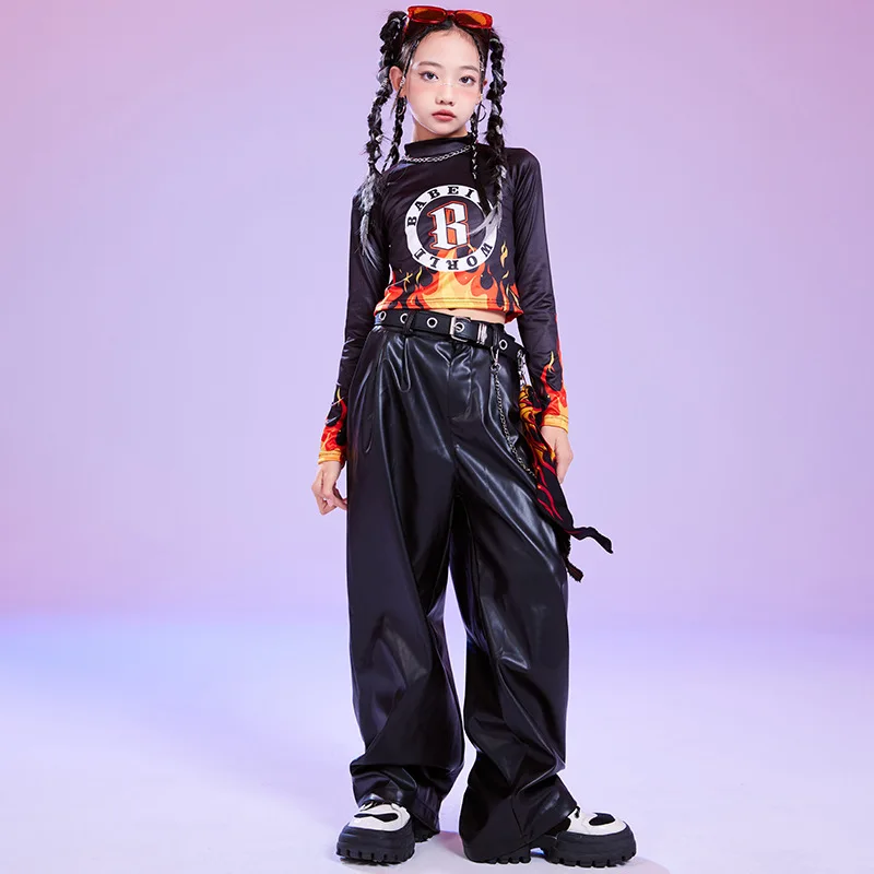 Kid Cool Hip Hop Clothing Black Flame Long Sleeve Crop Top T Shirt Casual Faux Leather Pants for Girl Jazz Dance Costume Clothes