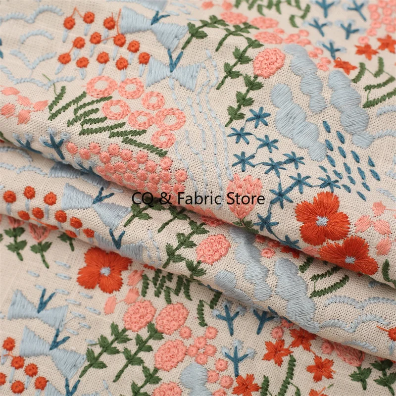 Ins Style Flower Embroidery Slub Cotton Linen Fabric DIY Manual Bag Tablecloth Pillow By The Yard