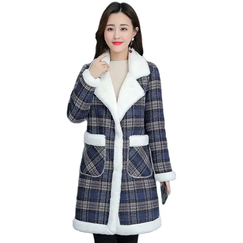 

Autumn Winter Mid-Long Lambswool Coat Women 2023 New Fashion Loose Thicken Fleece Jacket Overcoat Warm Lattice Outerwear Female