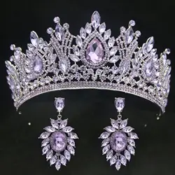 DIEZI 6 Colors Luxury Women Water Drop Puprle Crystal Tiara Crown Girls Party Jewelry Bridal Crown Earrings Wedding Hair Jewelry
