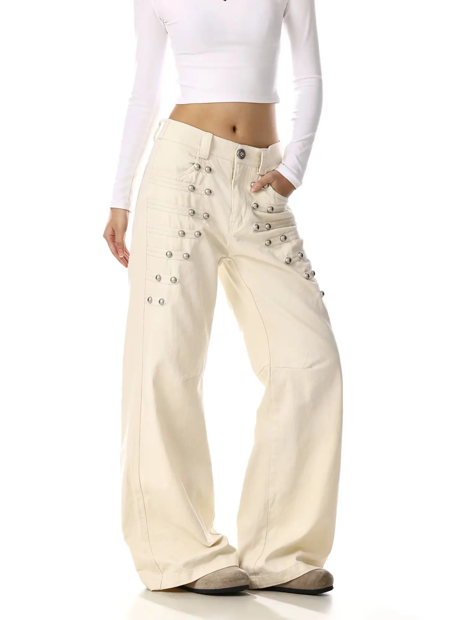 American Retro Metal Buckle Design Jeans for Women Y2K New Gothic Street Loose Wide-Leg Floor Mopping Pants