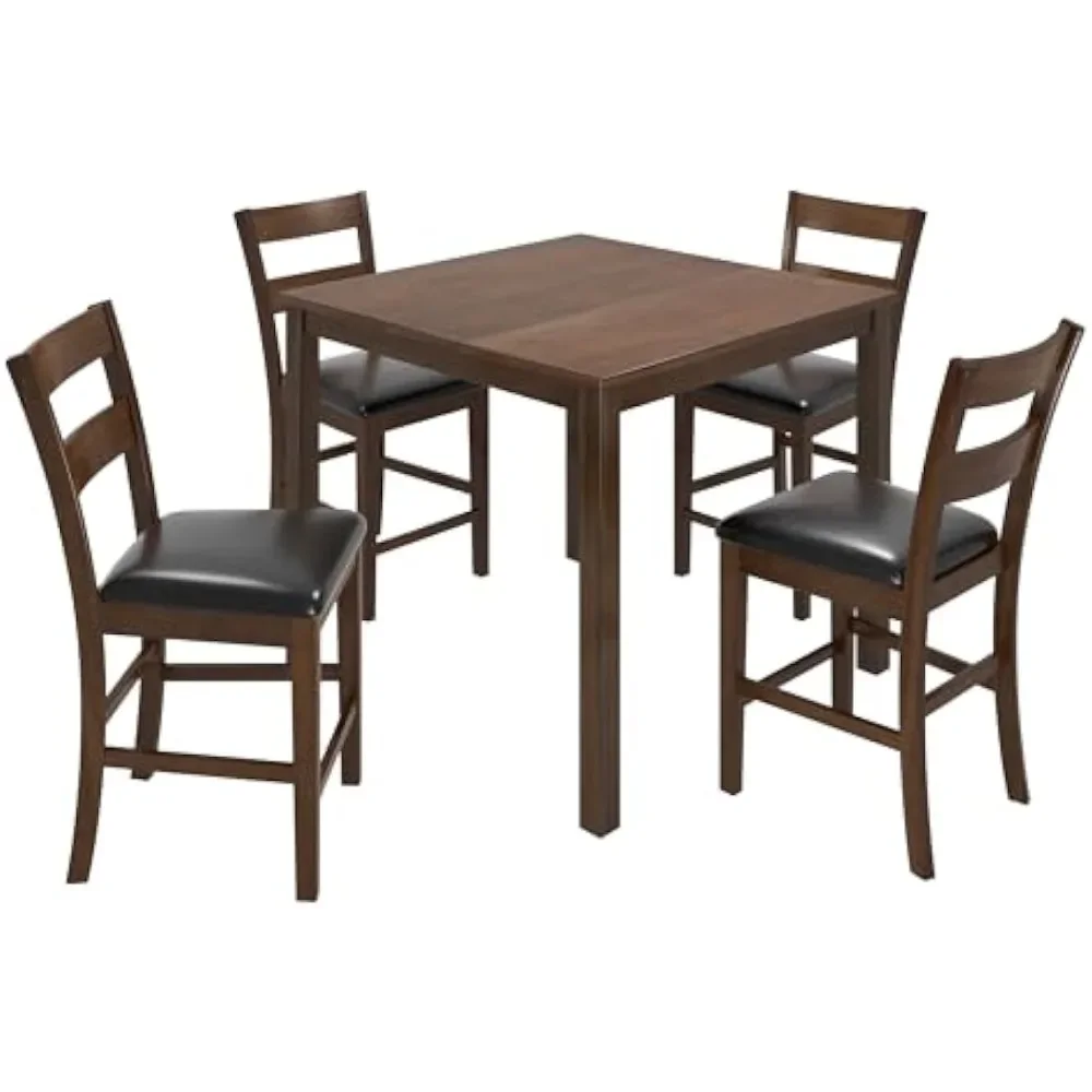 Wood 5-Piece Dining Table Set, Mid Century Modern Dining Table W/ 4 Chairs, Chair with PU Cushioned, Space Saving Table & Chairs