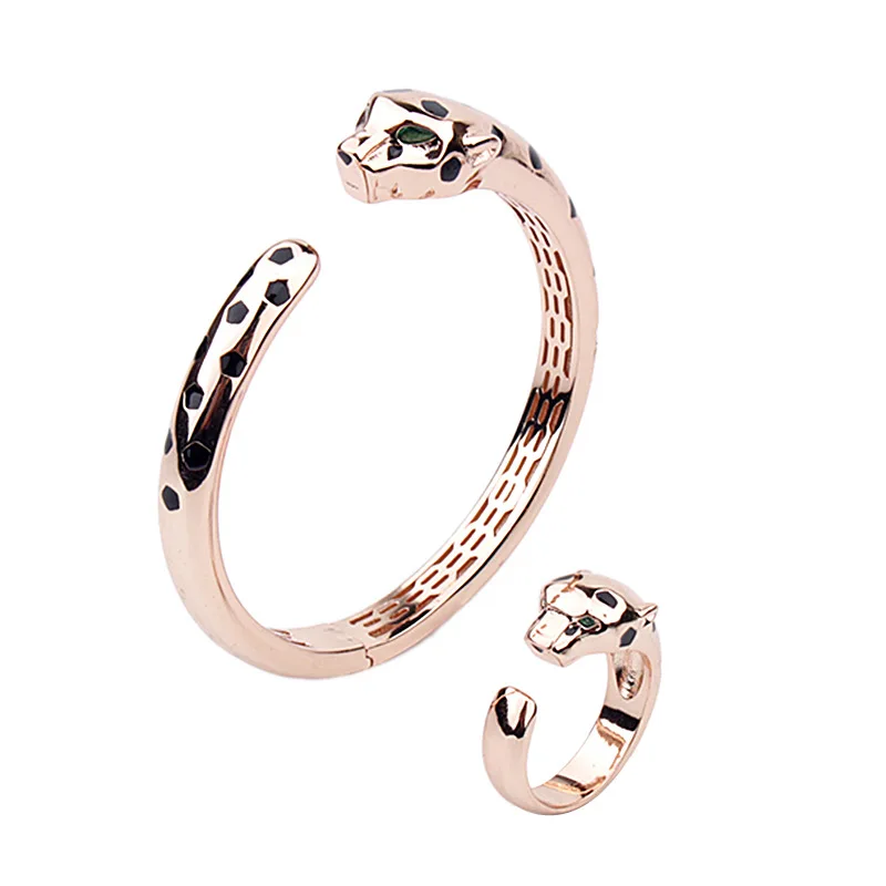 Europe America Fashion Style Men Women Lady Plated Gold Color Black Spots Green Zircon Eyes Leopard Open Ring Bracelet Bangle