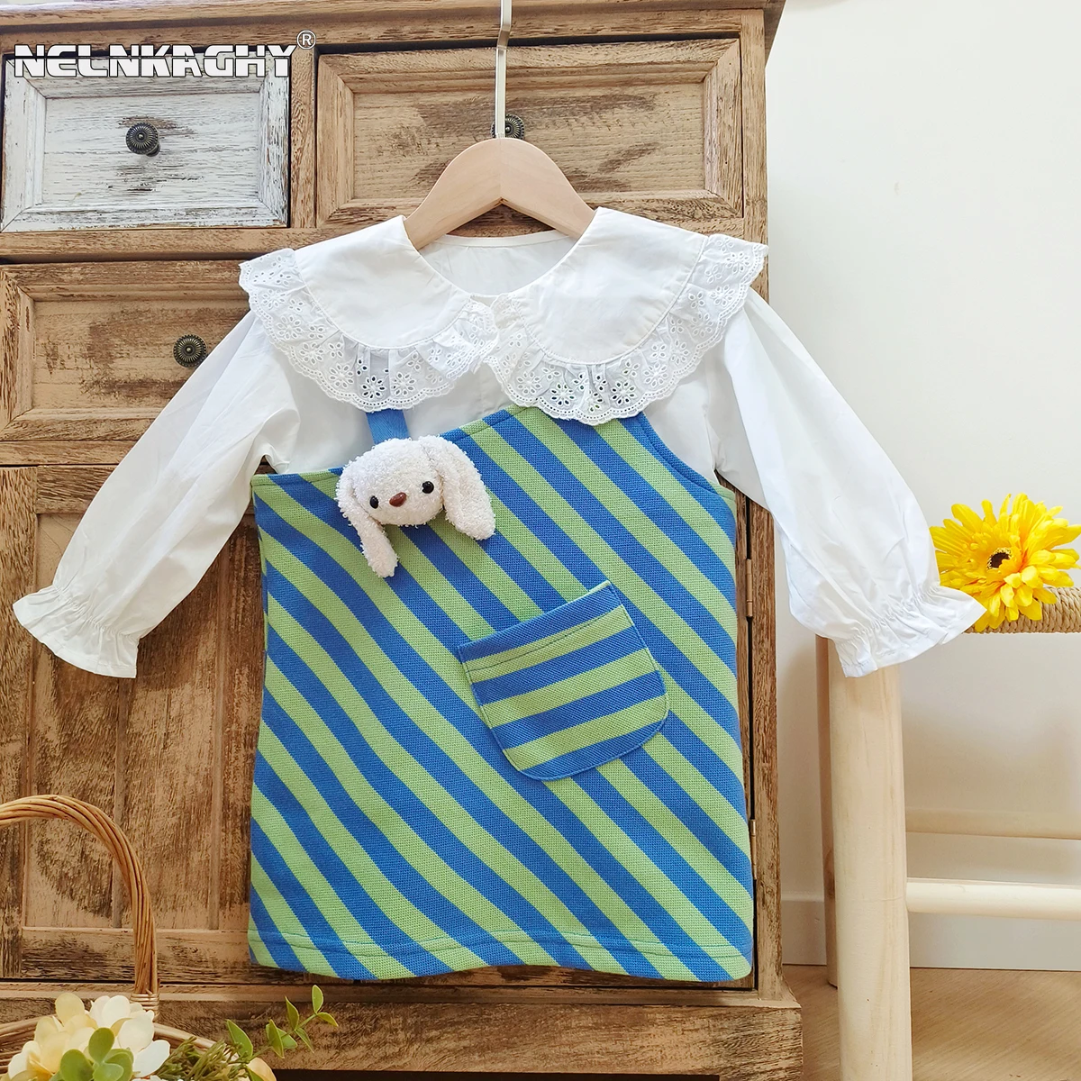 Online Exclusive: Baby Girl's Set, 2024 Autumn Collection, Long Sleeve Solid Color Doll Shirt + Cute 3D Bear Pinafore dress